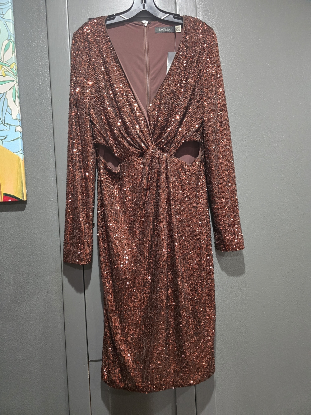 Lauren Ralph Lauren Copper Sequin Twist-Front Long Sleeve Dress